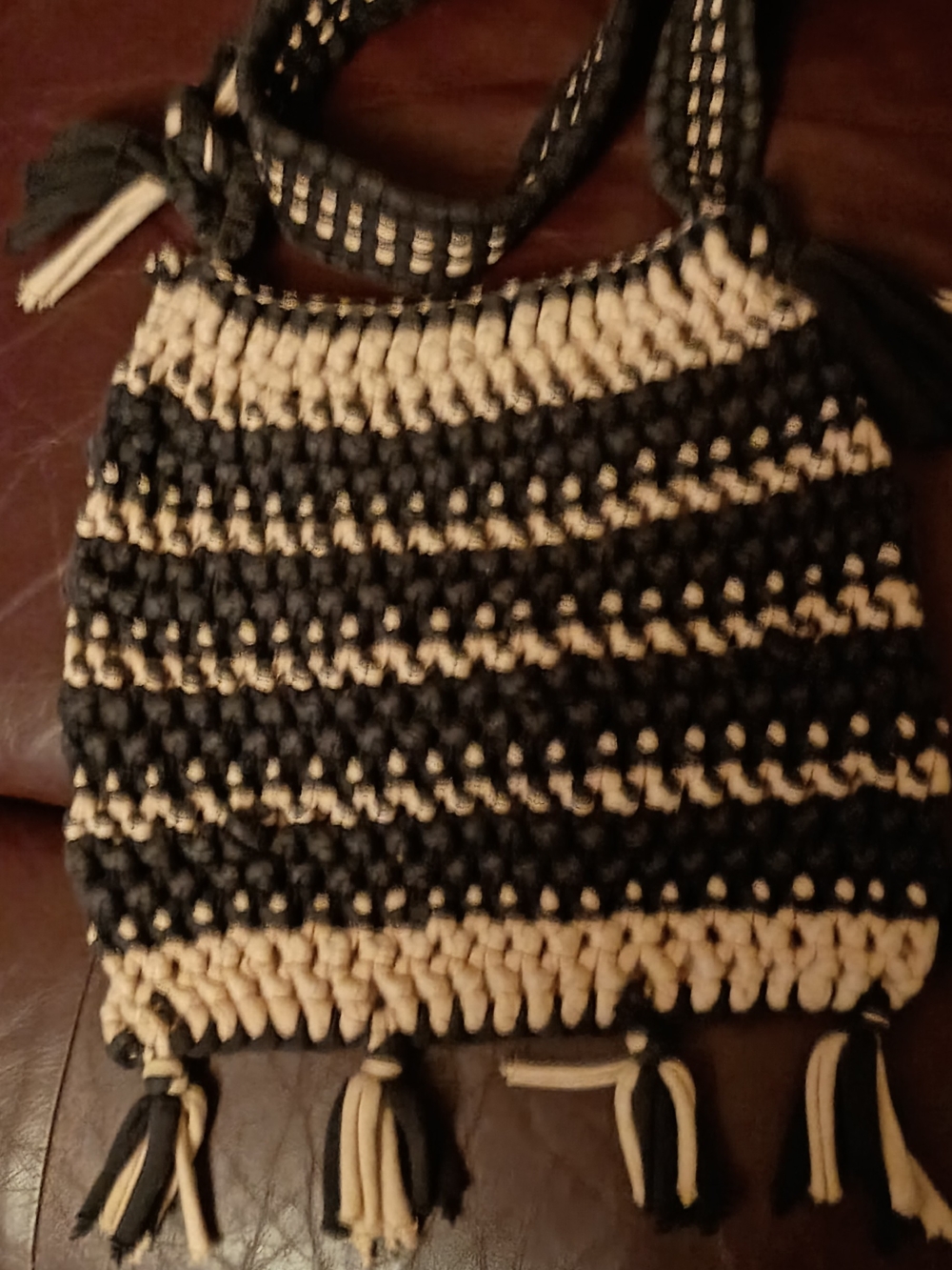 Black & Pink Macramae Crossbody Bag with Tassels